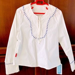 White cotton blouse navy blue embroidery at neck and cuffs Girls Age 8 / 128 cm